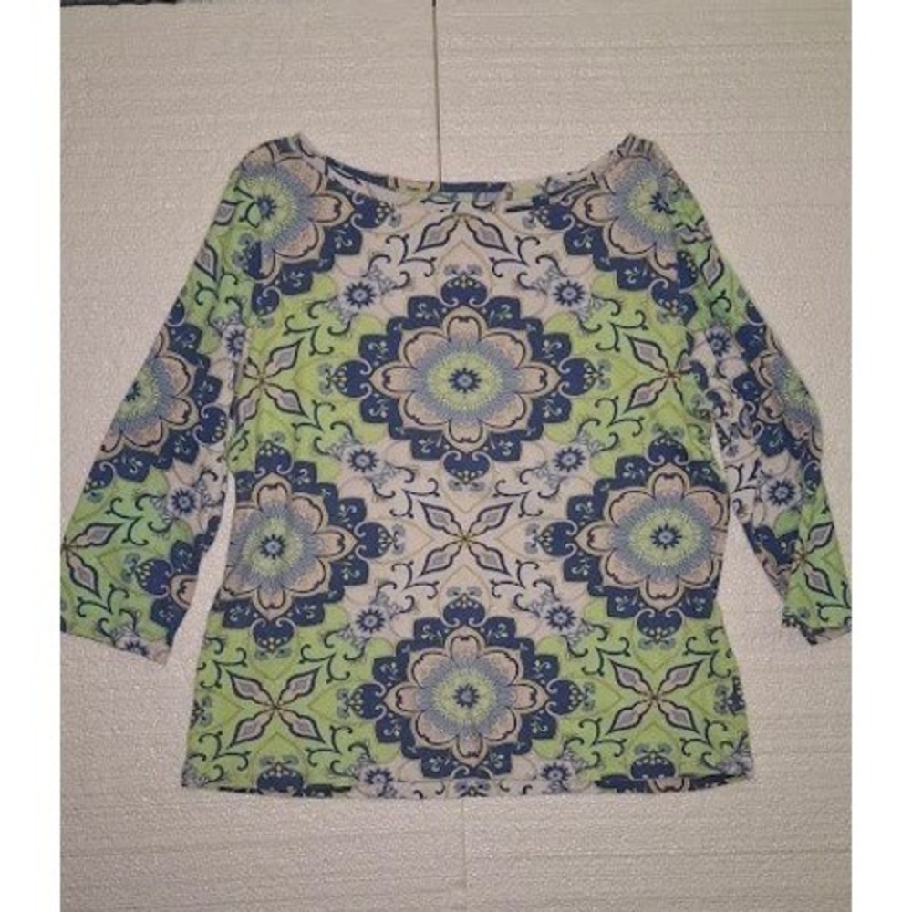 Talbots Petites Blue Green Medallion Floral Pima Cotton 3/4 Sleeve Top MP